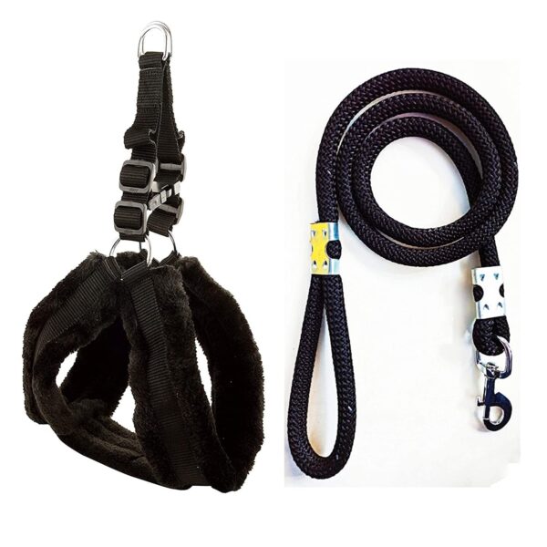 Dog Belt Combo of Nylon Fur Padded Dog Harness with Black Dog Lead Specially for Medium Breeds Dog Harness (Pack of 1)