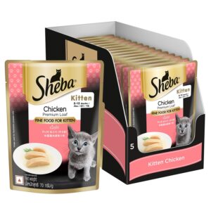 Sheba Fine Premium Kitten (2-12 Months) Wet Cat Food, Chicken Sheba Fine Premium Kitten (2-12 Months) Wet Cat Food, Chicken Premium Loaf, 70 g Pouch (Pack of 14), High-Moisture Gravy Kitten cat Food for Healthy Hydration