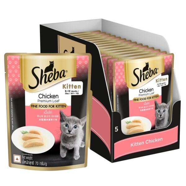 Sheba Fine Premium Kitten (2-12 Months) Wet Cat Food, Chicken Sheba Fine Premium Kitten (2-12 Months) Wet Cat Food, Chicken Premium Loaf, 70 g Pouch (Pack of 14), High-Moisture Gravy Kitten cat Food for Healthy Hydration