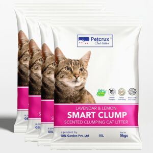 PetCrux Smart Clump Cat Litter 20Kg, 100% Natural Bentonite Odour Lock Lavender Scented Clay, Dust Free, 4 Packs of 5 Kgs (Combo)
