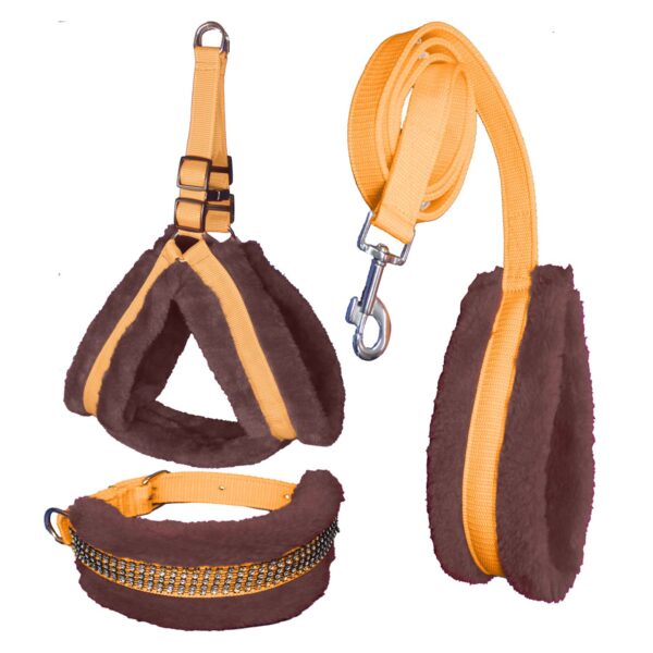 Dog Fur Harness, Collar & Leash Combo Set, Adjustable Size | for 36-45 Kilogram Dogs (XL, Orange-Brown)