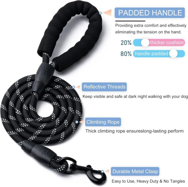 Heavy Duty Dog Leash 5ft with Padded Handle & Reflective Rope for All Dog, Durable Climbing Rope Leash with Strong Metal Clasp for Night Walking, Running, Hiking, Training (Black, 5 FT)