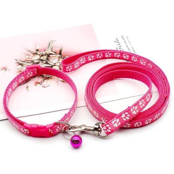YellowCult Dog/Cat Collar Leash Set with Adjustable Soft Nylon Paw Print Pet Collar for Cats, Puppies, Small Dogs, Fat Rabbits Walking Training, Bell & Quick Release Buckle Safety Lock -[Pink]