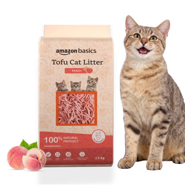 Amazon Basics Premium Tofu Cat Litter | 2.5 Kg |Organic | Biodegradable | Flushable | Dust-Free | Instant Clumping | Mild Peach Fragrance