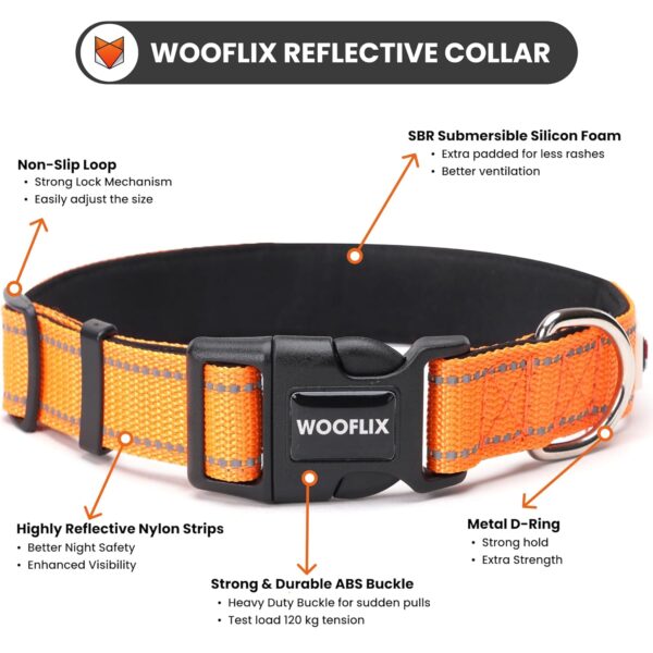 WOOFLIX Reflective Dog Collar For Training And Walks|Adjustable Nylon Training Collar With Tactical Buckle And D-Ring For Medium And Large Dogs|Reflective Dog Collar|(Medium, Orange, 13 Cm X 15 Cm)
