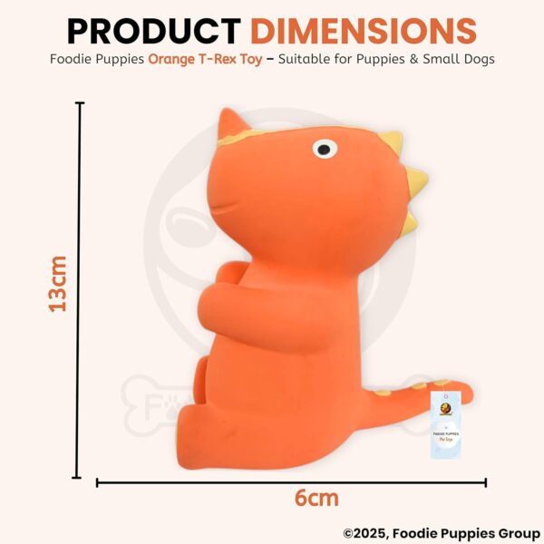 71XYeaSDCAL._SL1500_.jpg Foodie Puppies Dog Squeaky Chew Latex Rubber Toy - (Orange T-Rex) for Small Dogs & Puppies | Durable, Soft, Animal Design, Fetch & Chew Safe Play Toy | Reduce Separation Anxiety