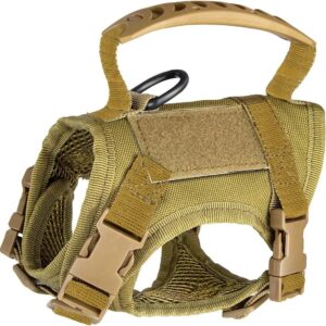 Tactical Cat Small Dog Harness with Escape Proof Adjustable Pet Tactical Cat Small Dog Harness with Escape Proof Adjustable Pet Vest Harness, Soft Mesh with Control Handle, Gift with Patch Military Style Harness (Large,Khaki)