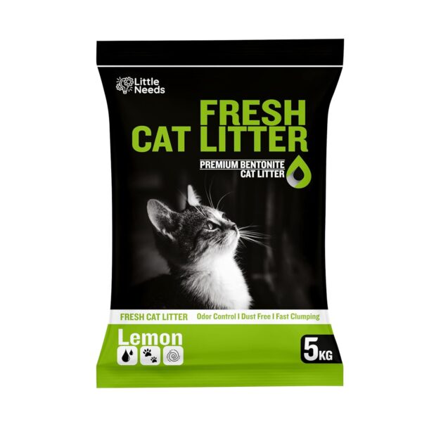 Natural Bentonite Cat Litter Sand - 5Kg with Lemon Fragrance for Cats and Kittens | Clean Low-dust Strong Deodorant Litter Tray Refill with Odour Controlling and Instant Clumping