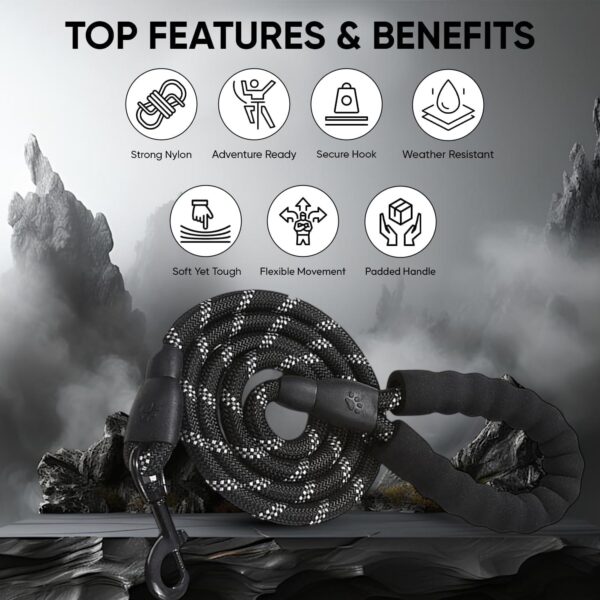 Heavy Duty Dog Leash 5ft with Padded Handle & Reflective Rope for All Dog, Durable Climbing Rope Leash with Strong Metal Clasp for Night Walking, Running, Hiking, Training (Black, 5 FT)