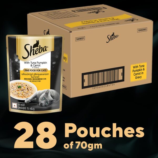 71a4v57dRFL._SL1500_.jpg Sheba Fine Premium Adult (1+ Years) Wet Cat Food, Tuna Pumpkin & Carrot in Gravy, 70 g Pouch (Pack of 28), High-Moisture Gravy cat Food for Healthy Hydration