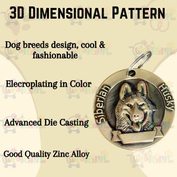 Western Era Siberian Husky Bronze Tag with Dog Face Engraved – Durable Metal Pet ID Tag, Stylish, Sturdy, Long-Lasting, Scratch-Resistant, Lightweight, Attach to Dog Collar for Added Style & Security