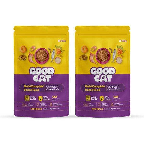 Good Cat Dry Cat Food | Oven Baked | Made Good Cat Dry Cat Food | Oven Baked | Made with Real Chicken & Ocean 4 Fish | 300g (Pack of 2) | Suitable for All Ages | High Palatability | Tuna, Salmon & Mackerel | Essential Taurine for Vision