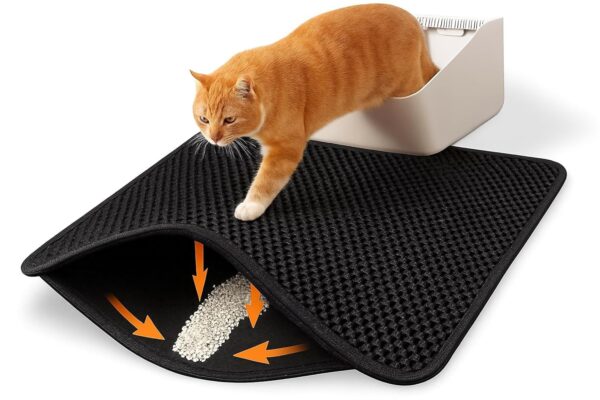 Cat Litter Mat Litter Box Mat, EVA Honeycomb Double Layer Design, Urine & Waterproof, Scatter Control Kitty Litter Mat, Less Waste, Easier To Clean,Washable (Black, 60 x 40cm)