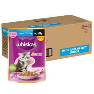 Whiskas Junior Kitten (2-12 Months) Wet Cat Food, Tuna in Whiskas Junior Kitten (2-12 Months) Wet Cat Food, Tuna in Jelly, 80 g (Pack of 56), Hydrating Food Made With Real Fish, 100% Complete & Balanced Nutrition for Kittens