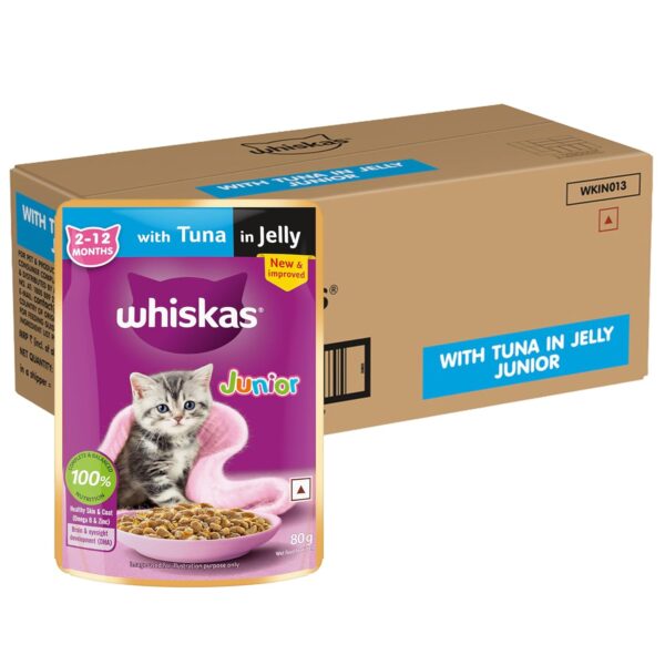 Whiskas Junior Kitten (2-12 Months) Wet Cat Food, Tuna in Whiskas Junior Kitten (2-12 Months) Wet Cat Food, Tuna in Jelly, 80 g (Pack of 56), Hydrating Food Made With Real Fish, 100% Complete & Balanced Nutrition for Kittens
