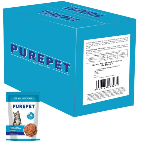 PUREPET Wet Cat Food, Real Chicken and Chicken Liver in Gravy, 15 Pouches (15 x 70g)., All Life Stages