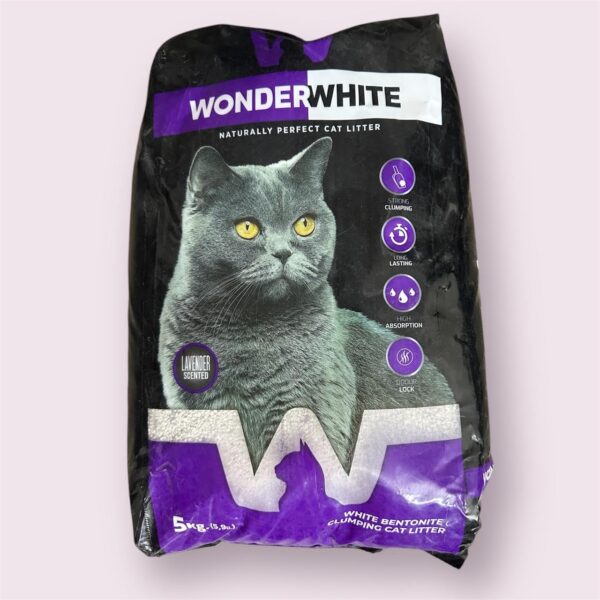 WonderWhite Premium White Cat Litter Made in Turkey | 5 Kg in a Pack | White Bentonite Clumping Sand | (Lavender Scent) Safe for Multiple Cats & Kittens with Wand Toy
