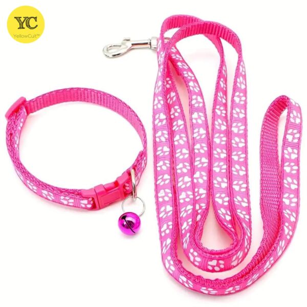 YellowCult Dog/Cat Collar Leash Set with Adjustable Soft Nylon Paw Print Pet Collar for Cats, Puppies, Small Dogs, Fat Rabbits Walking Training, Bell & Quick Release Buckle Safety Lock -[Pink]