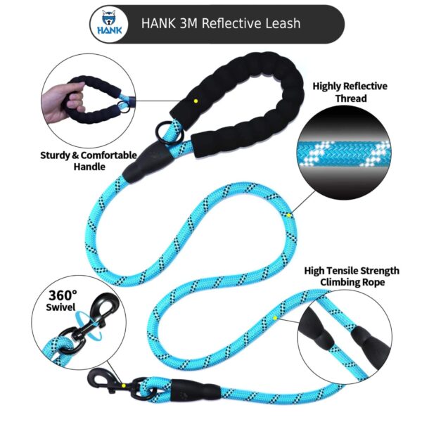 HANK Dog Leash | 3M Reflective Dog Rope | Soft Comfortable Handle | Heavy Duty Belt Hook | (Suitable Up to 10KG - Small Breed) - 5 Feet Long (S - Cyan Blue)