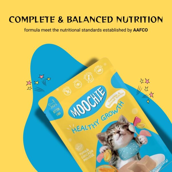 PETS EMPIRE Moochie Tasty Wet Cat Food, Grain Free Cats Gravy Meal (85 g X 12 Pouches) Healthy Growth Tuna Mousse with Chicken, No Artificial Flavours Kitten Food, Non-Vegetarian Cat Foods Pouch