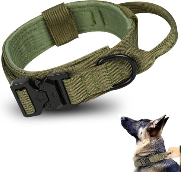 Tactical Dog Collar and Leash Set, Adjustable Military Dog Collar with Control Handle and Heavy Metal Buckle, Dog Training Collar with Bungee Leash for Large Dogs. (Army Green, XL - Collar)