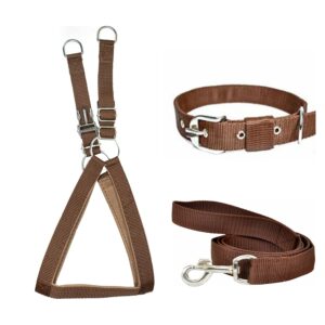 No Pull -Step in Soft Padded Buckle Dog Harness and No Pull -Step in Soft Padded Buckle Dog Harness and Collar Leash - Escape Proof Adjustable Combo for Walking Training Hiking Outdoor (Brown, Large)