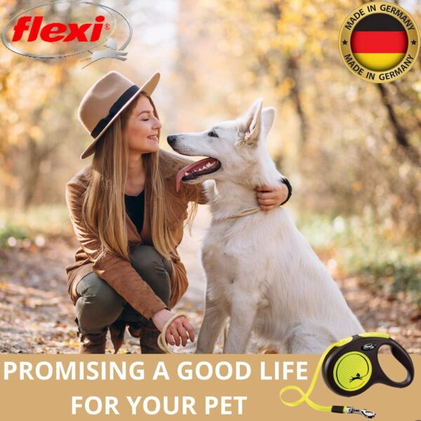 71hNuiB2HS._SL1500_.jpg Flexi Retractable Dog Leash, New Neon Tape Leash, 5m/16 ft, Holds up to 25 kg | Anti-Slip Grip Handle, One-Hand Brake System | Suitable for Medium Dogs | Yellow