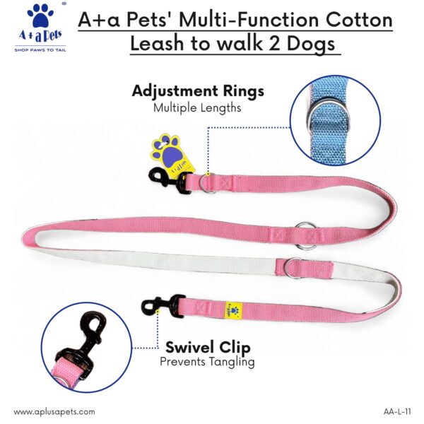 71jF6z5hPNL._SL1500_.jpg A+a Pets’ Multi-Function Cotton Leash to Walk 2 Dogs | Long, Short, Hands Free, Traffic, Running, Walking | Adjustable, Soft Comfortable (Pink & Purple)