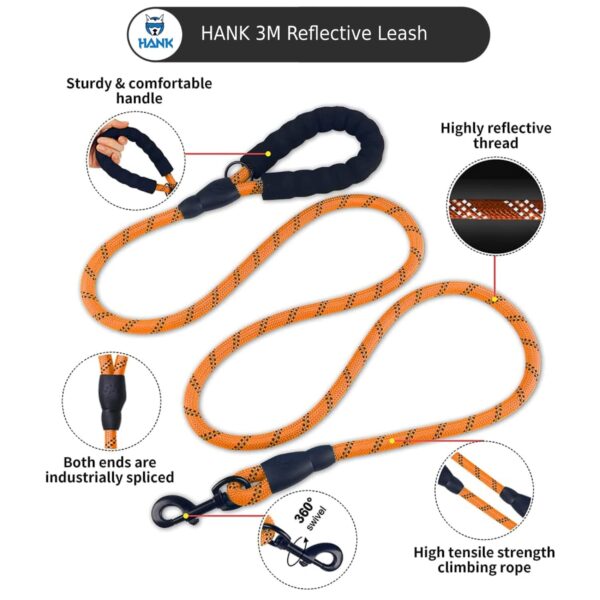 HANK Dog Leash | 3M Reflective Dog Rope | Soft Comfortable Handle | Heavy Duty Belt Hook | (Suitable Up to 10KG - Small Breed) - 5 Feet Long (S - Neon Orange)