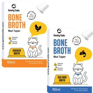 Goofy Tails Bone Broth for Cats Variety Combo 200 ml (100 ml X 2 Pack), Chicken, Sea Food, Human Grade, Preservative Free, Gut Friendly Cat Food Topper, Cat Supplements with Natural Collagen