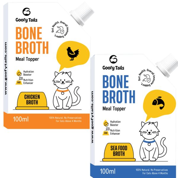 Goofy Tails Bone Broth for Cats Variety Combo 200 ml Goofy Tails Bone Broth for Cats Variety Combo 200 ml (100 ml X 2 Pack), Chicken, Sea Food, Human Grade, Preservative Free, Gut Friendly Cat Food Topper, Cat Supplements with Natural Collagen