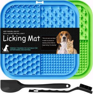 Lesipee Licking Mat for Dogs & Cats 2 Pack, Slow Feeder Lick Pat, Anxiety Relief Toys, Feeding Mat for Butter Yogurt Peanut, Pet Supplies, Bathing Grooming Training Calming (Blue & Green)