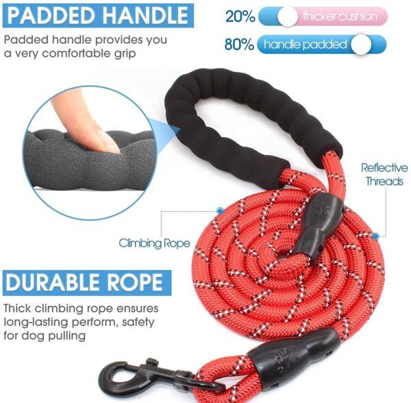 Petology Dog Leash 5FT Long, ½ Inch Thick Reflective Heavy Duty Rope with Anti-Slip Padded Handle for Small & Medium Dogs (Red, 5 Feet - Small & Medium Dogs)