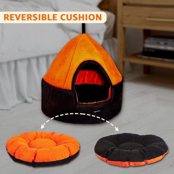 Amazon Basics Soft Velvet Fabric Dual Color Pet Hut Bed with Center Pillow | Small | Black and Orange | For Cats and Small Dogs | Easy to Clean | Unique Design | Diameter 18 Inch, Height 18 Inch