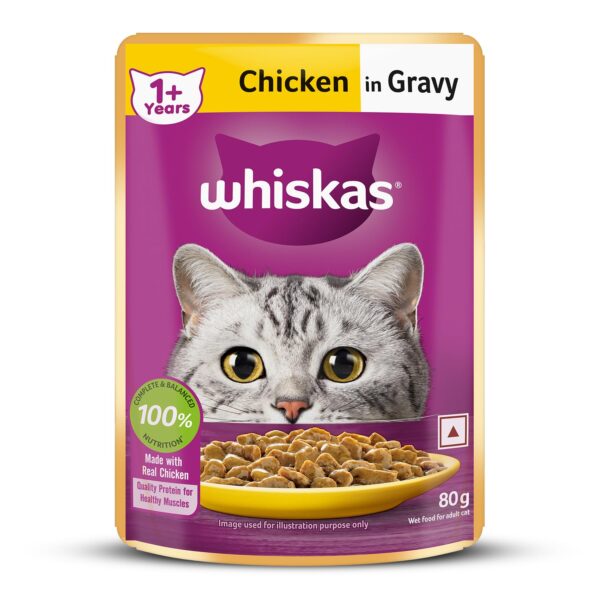71my2gS9VJL._SL1500_.jpg Whiskas Adult (1+ Years) Wet Cat Food, Chicken in Gravy, 80 g, Hydrating Food Made With Real Chicken, 100% Complete & Balanced Nutrition for Adult Cats
