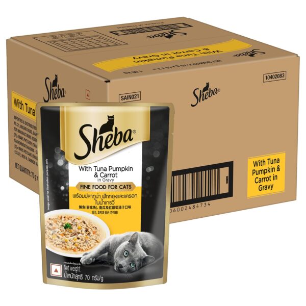 Sheba Fine Premium Adult (1+ Years) Wet Cat Food, Tuna Sheba Fine Premium Adult (1+ Years) Wet Cat Food, Tuna Pumpkin & Carrot in Gravy, 70 g Pouch (Pack of 28), High-Moisture Gravy cat Food for Healthy Hydration