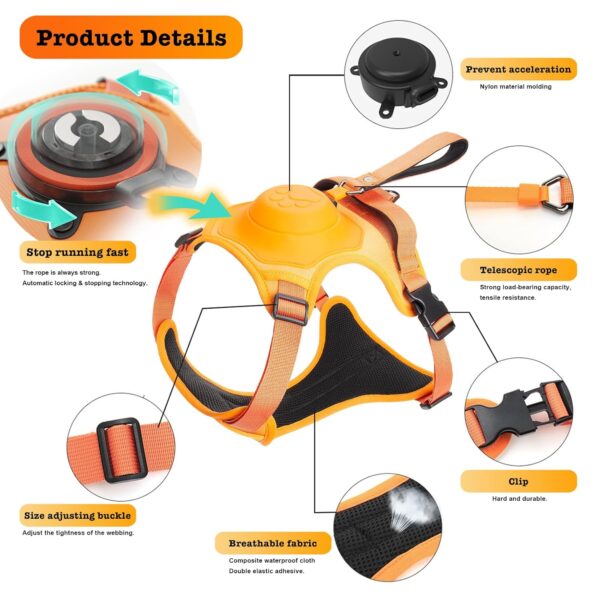 Sunkizzrs® Dog Harness with Retractable Leash, Adjustable Dog Chest Belt with Reflective Strip (Orange, Medium)