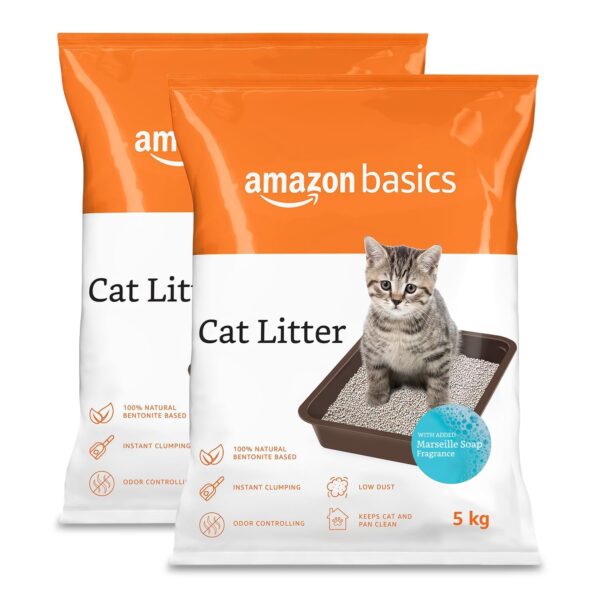 Amazon Basics Scoopable Smart White Bentonite Cat Litter | Soap Fragrance | Scented Cat Litter | 5Kg - Pack of 2