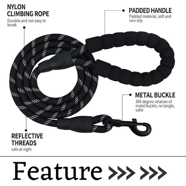 Tail 5 Feet Dog Leash with Comfortable Padded Handle and Highly Reflective Threads for Small Medium and Large Dogs (5FT-1/2'', Black)