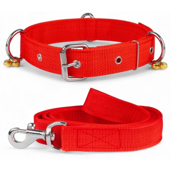 Dog Collar Belt and Leash Set for Large Dogs, Dog Stylish Nylon Leash Belts with Bell - Labrador, Golden Retriever, Pitbull, German Shepherd, Husky, Doberman (Large, Red)