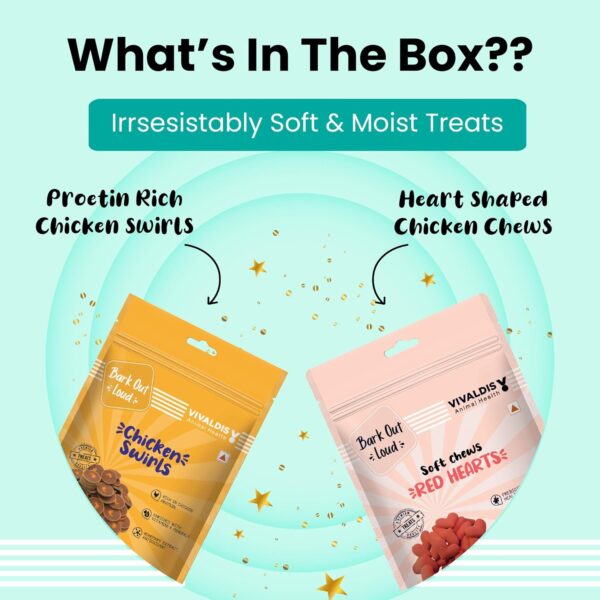 71qZioWYaL._SL1500_.jpg BARK OUT LOUD by Vivaldis Premium Dog Treat Box | Premium 4-in-1 Assorted Dog Treats | Healthy, Tasty, High Protein Snacks for Puppies, Adult & Senior Dogs | Training Treats for All Breeds 400 GMS