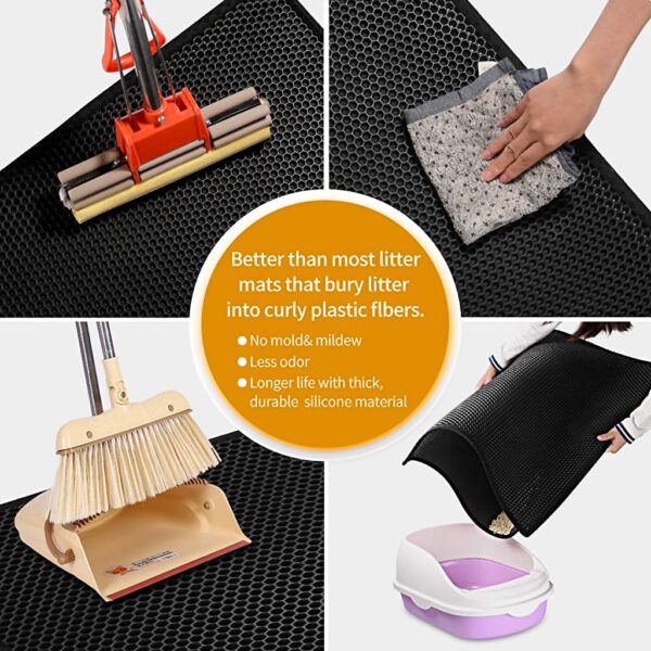 Qpets® Cat Litter Mat, Litter Box Mat Honeycomb Double Layer Cat Litter Tray, Waterproof EVA Material Durable and Washable Cat Play Mat, Easy Clean and Filter Any Cat Litter Sand(Black, 45 * 60CM)