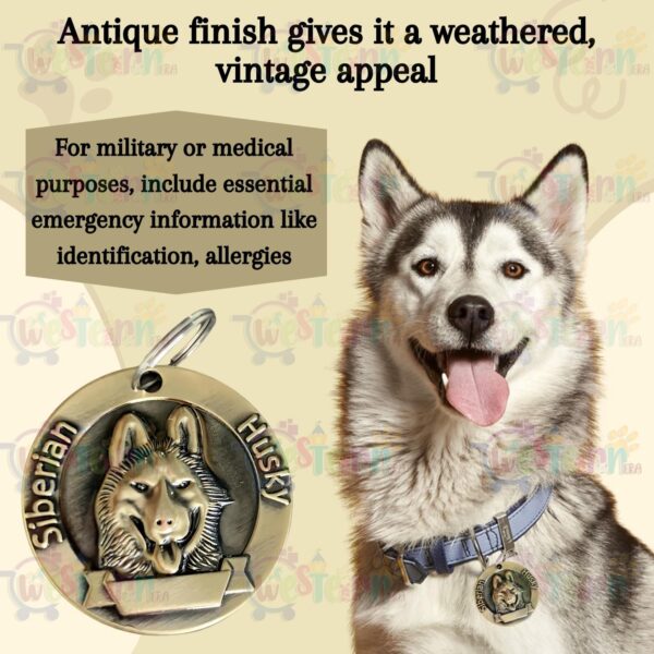 Western Era Siberian Husky Bronze Tag with Dog Face Engraved – Durable Metal Pet ID Tag, Stylish, Sturdy, Long-Lasting, Scratch-Resistant, Lightweight, Attach to Dog Collar for Added Style & Security