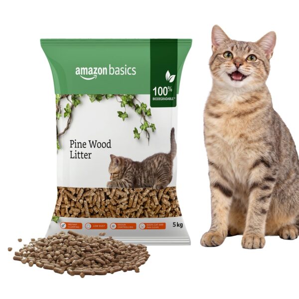Amazon Basics Premium Pine Wood Cat Litter | 5 Kg | Unscented | 100% Natural | Biodegradable | Fast Absorption | Low Dust | Odor Control