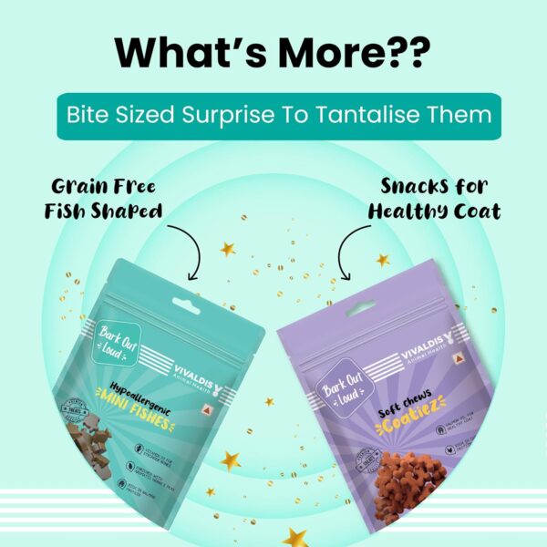 71tWjMLfNL._SL1500_.jpg BARK OUT LOUD by Vivaldis Premium Dog Treat Box | Premium 4-in-1 Assorted Dog Treats | Healthy, Tasty, High Protein Snacks for Puppies, Adult & Senior Dogs | Training Treats for All Breeds 400 GMS
