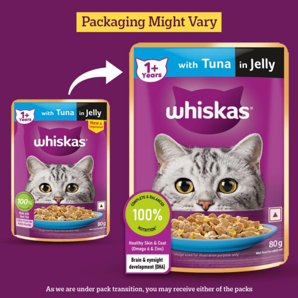 71te0w4XThL._SL1200_.jpg Whiskas Adult (1+ Years)) Wet Cat Food, Tuna in Jelly, 80 g (Pack of 56), Hydrating Food Made With Real Fish, 100% Complete & Balanced Nutrition for Adult Cat
