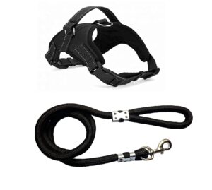PSK PET MART Dog Belt Combo of Padded & Printed Dog Body Harness Adjustable Neck Strip 23-32 inch & Chest Strip 27-38 inch with Black Lead Specially for Large Breed Dog Harness Leash