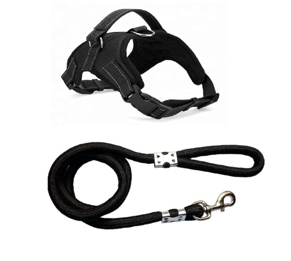 PSK PET MART Dog Belt Combo of Padded & Printed Dog Body Harness Adjustable Neck Strip 23-32 inch & Chest Strip 27-38 inch with Black Lead Specially for Large Breed Dog Harness Leash