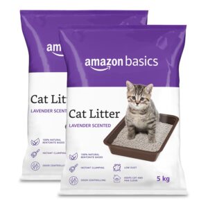Amazon Basics Scoopable Smart White Bentonite Scented Cat Litter | 10 Kg | 5 Kg X 2 Packs | Organic | Bentonite From Turkey | Dust-Free | Lavender Fragrance