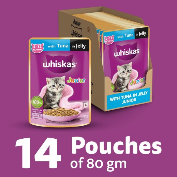 71vd4ObxfHL._SL1500_.jpg Whiskas Junior Kitten (2-12 Months) Wet Cat Food, Tuna in Jelly, 80 g (Pack of 14), Hydrating Food Made With Real Fish, 100% Complete & Balanced Nutrition for Kittens